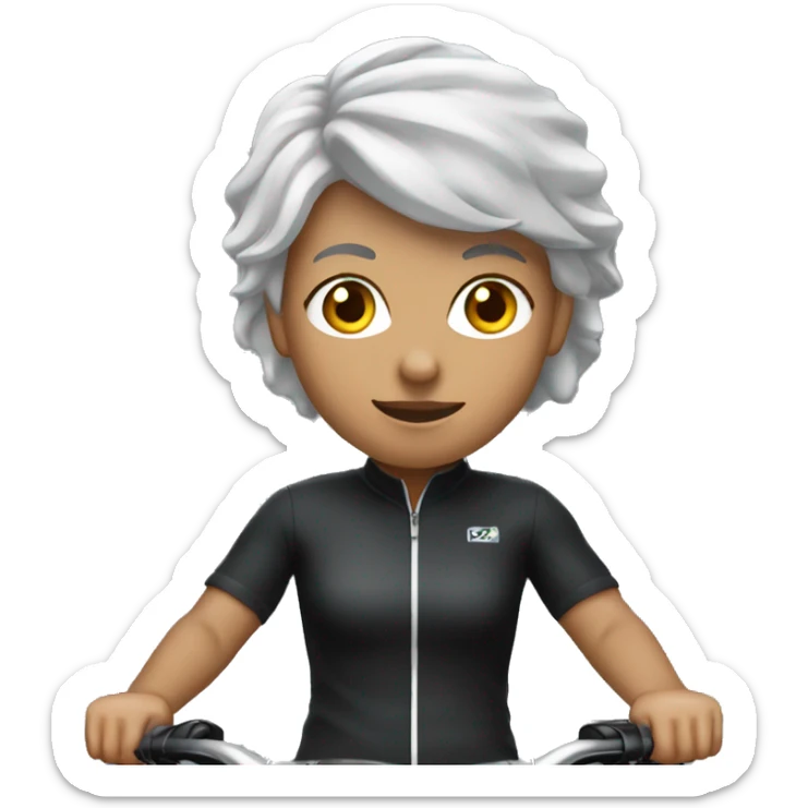 Mountain biking black bike, white cyclist wearing black clothes woman with grey hair sticker