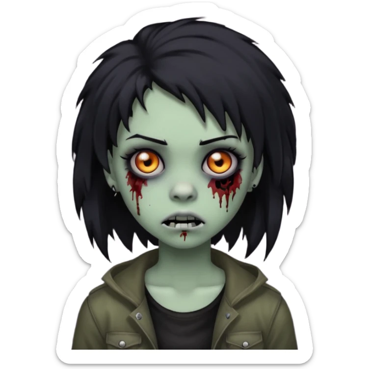 girl, zombie, black coily hair, medium long, emo, shaggy, dark, spooky, piercing on eyebrow, creepy blank expression sticker