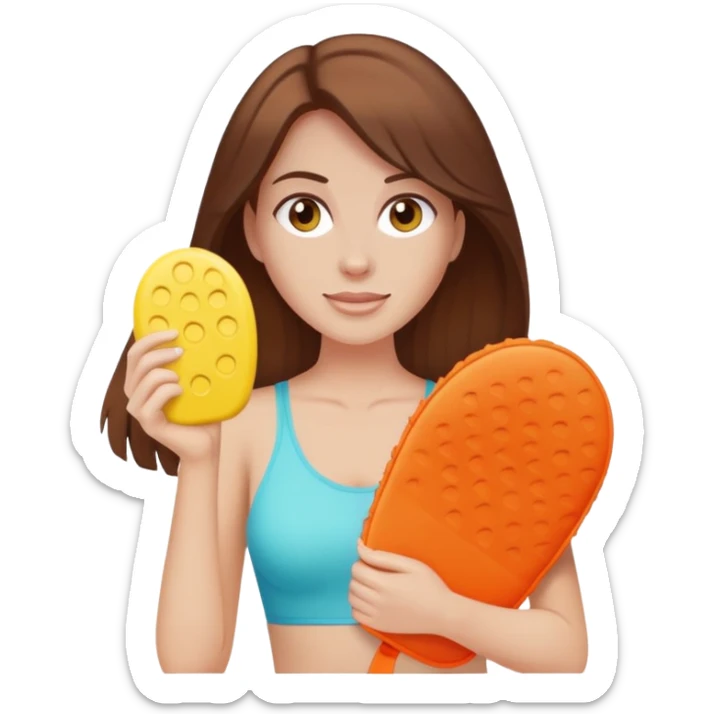 pale skintone woman with brown hair holding a tanning mitt sticker
