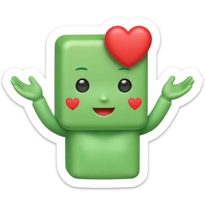 A cute green block-headed mascot with a happy face and blush, wearing “FGH” on its chest. It holds a shiny red heart in one hand. Chibi style, soft glow outline, cheerful and friendly. sticker