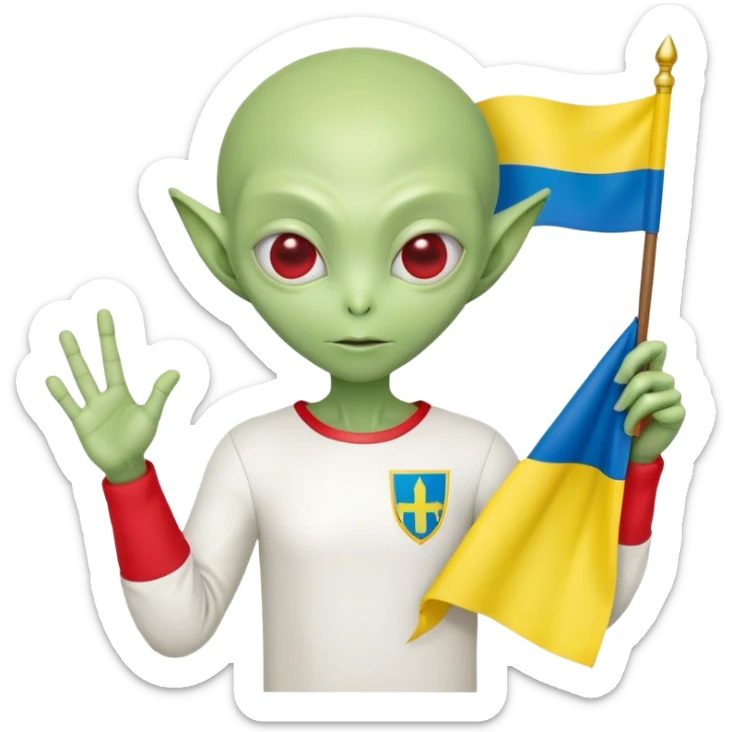 Green alien in Shirt 👚 vyshyvanka, white with red embodiary on sleeved, with 🇺🇦 Ukraine flag in a hand sticker