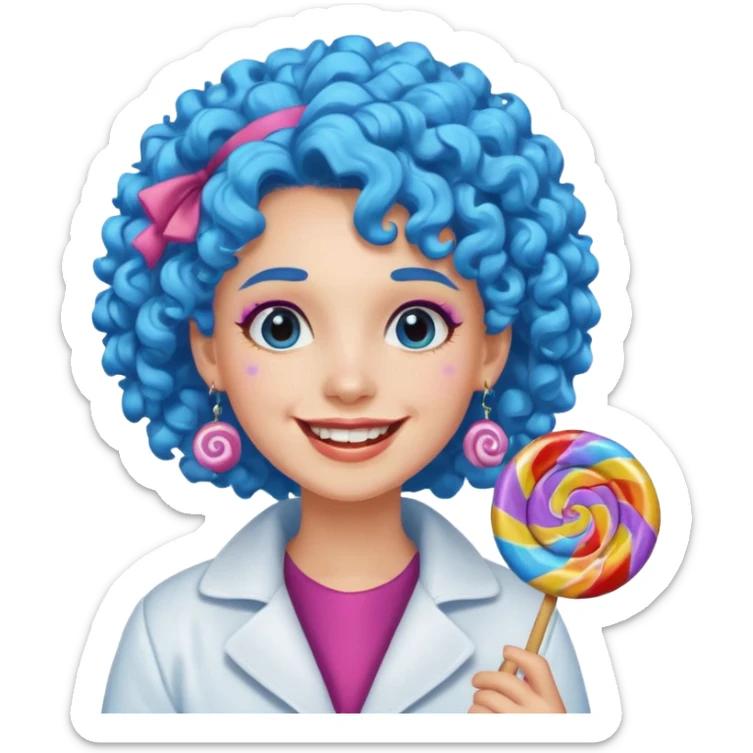 candy shop vendor, looking like candy with candy earrings and candy hair with big smile and blue curly hair sticker