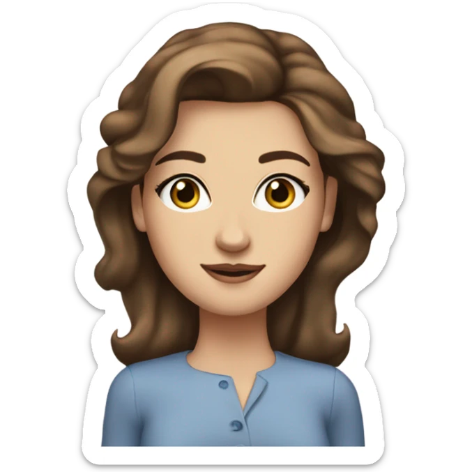 lady with shoulder lenght brown hair with rolled up ends, blue eyes long lashes staright brows and really pretty sticker