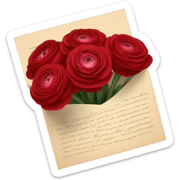 A bouquet of ruby-red ranunculus tied with a velvet ribbon and an old love letter sticker