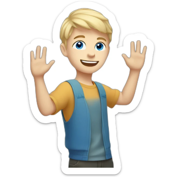 Blonde teen boy with medium short hair, blue eyes, waving hi to the camera sticker