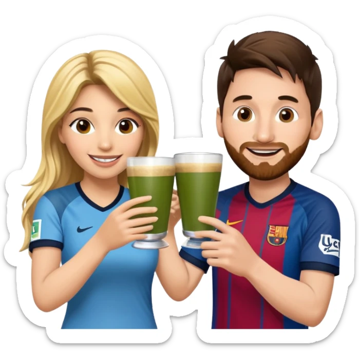 emoji-style illustration of Lionel Messi and Shakira smiling at each other, both holding traditional yerba mate cups, about to make a cheerful toast, friendly, happy, expressive cartoon faces, bright colors, fun vibe sticker