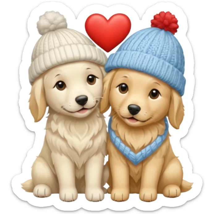 2 English cream golden retrievers cuddling with winter hats and heart in between them. Make them pale dogs  sticker