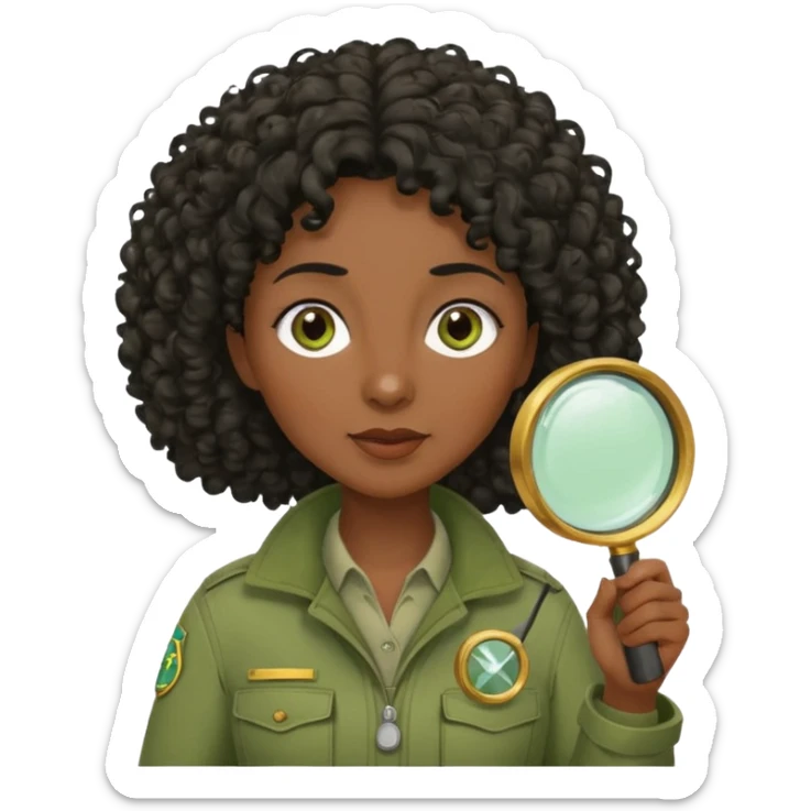 dark skin curly black haired middle-aged woman in moss green explorer outfit, holding magnifying glass sticker