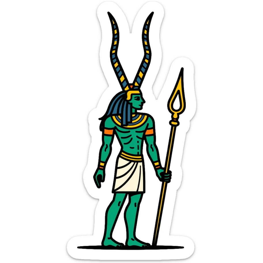 Egyptian god Osiris with green skin, Atef crown, mummified body, holding crook and flail sticker