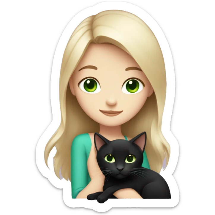 White brown-haired blue-eyed girl hugging black cat with green eyes sticker