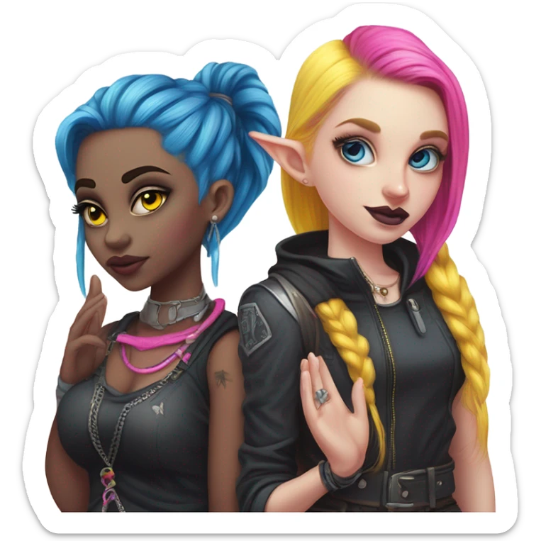 Blue eyed long eye lashes pout blonde and pink hair pale hime gyaru girl, hot pink and yellow split-dyed hair, nose ring, elf ears, dark makeup, punk clothes standing next to three diffrent men praying on their knees sticker