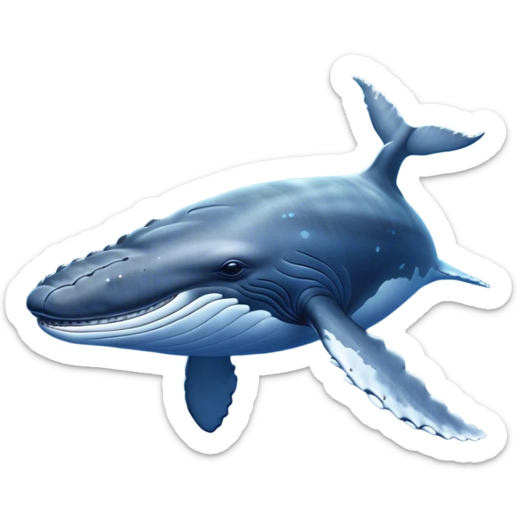 Cinematic Noble Humpback Whale Portrait Emoji, Poised and grand, with an enormous, barnacle-speckled blue-gray body, soulful, wise eyes, and a deeply serene presence, Simplified yet sharp and sophisticated features, highly detailed, glowing with a soft oceanic radiance, high shine, intelligent and powerful, stylized with an air of deep-sea mystery, focused and regal, soft glowing outline, capturing the essence of a legendary giant of the ocean that appears ready to glide majestically through the waves with effortless grace! sticker