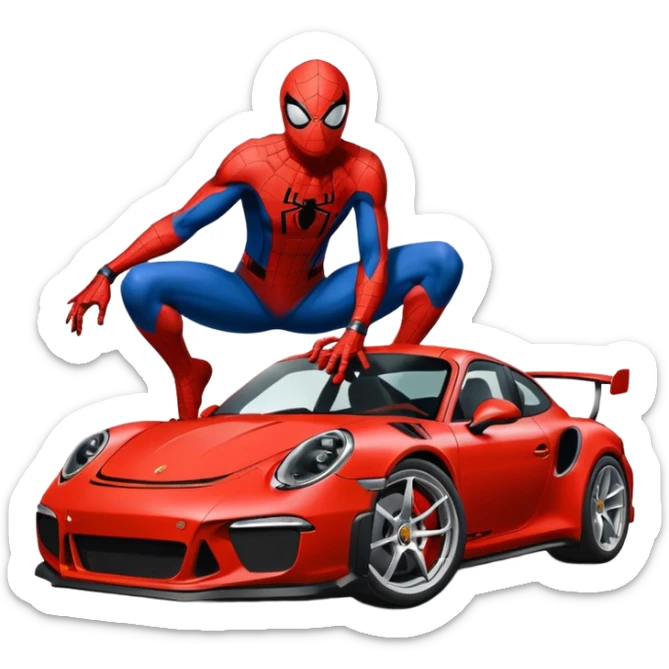Die-cut sticker of Spider-Man sitting on a Porsche 911 GT3 RS, bold vector art, thick white border, isolated on green hilly background. sticker