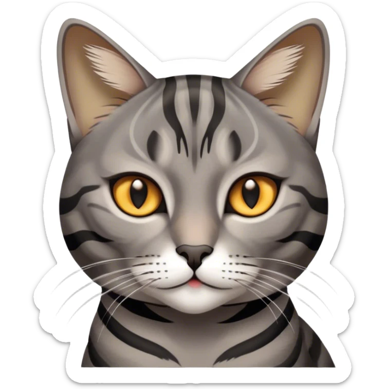 Cinematic Noble Grey and Black Brown Tabby Cat Portrait Emoji, Poised and regal, with sleek grey-brown fur featuring bold black tabby stripes and a distinct M-shaped marking on the forehead, bright amber eyes, Simplified yet sharp and sophisticated features, highly detailed, glowing with a soft, dignified glow, high shine, intelligent and graceful, stylized with an air of elegance, focused and attentive, soft glowing outline, capturing the essence of a watchful and refined feline, so majestic it feels as though it could glide across the screen with effortless confidence! sticker