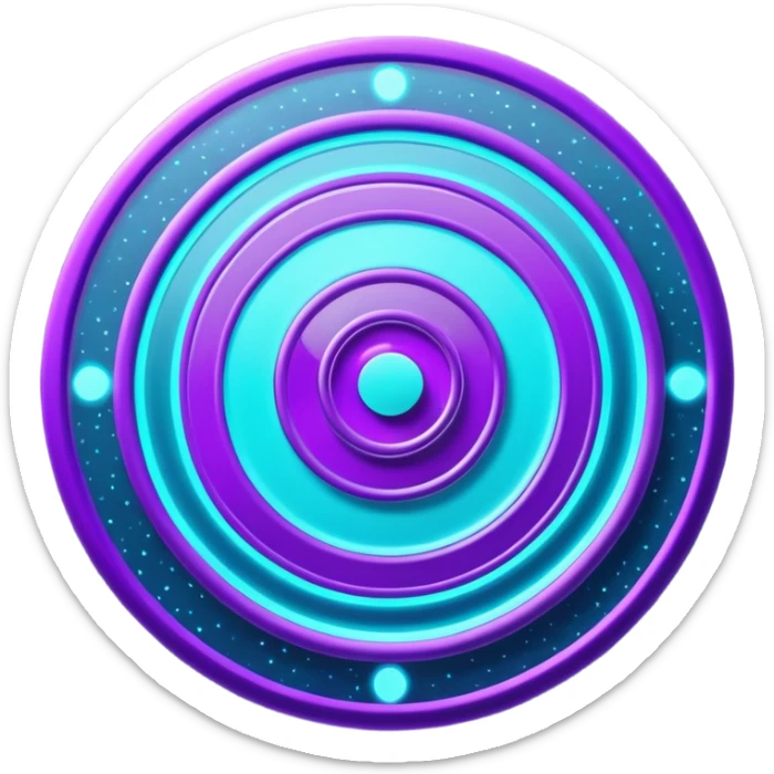Futuristic glowing bullseye target emoji, neon purple and cyan holographic glow, dark background, digital tech style, abstract sparkles, no face. sticker
