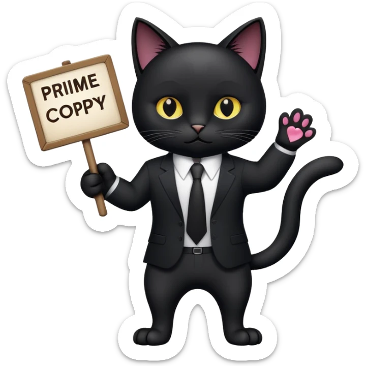 A black cat in a black business suit holds a sign with the inscription "PrimeCopy" in one paw sticker