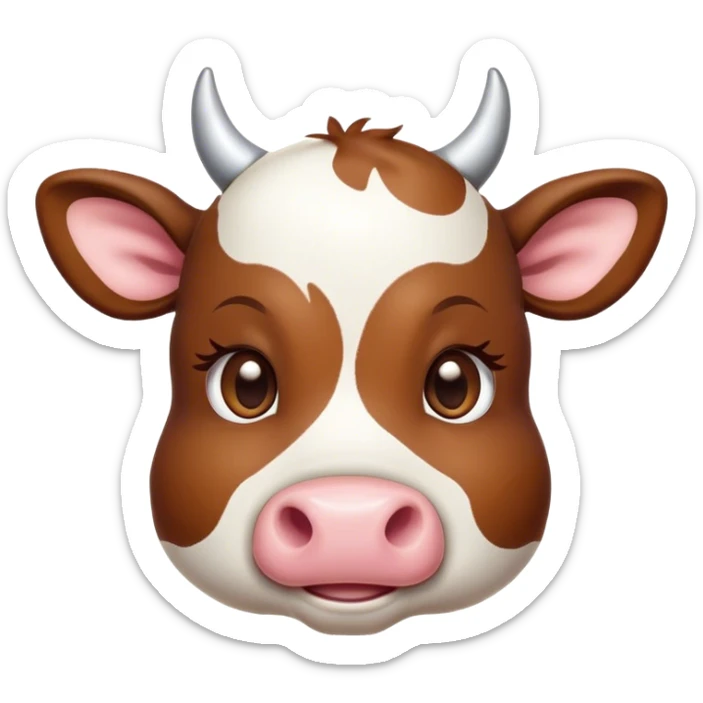 Cinematic Cute Brown and White Cow Portrait Emoji, Head tilted playfully and inquisitively, featuring a glossy, richly patterned hide of brown with striking white patches, round, sparkling brown eyes filled with gentle curiosity, Simplified yet irresistibly adorable features, highly detailed, glowing with a warm, friendly glow, high shine, affectionate and serene, stylized with a touch of country charm, bright and endearing, soft glowing outline, capturing the essence of a mischievous yet loving cow, so playful it feels like it could moo out of the screen and into your arms! sticker