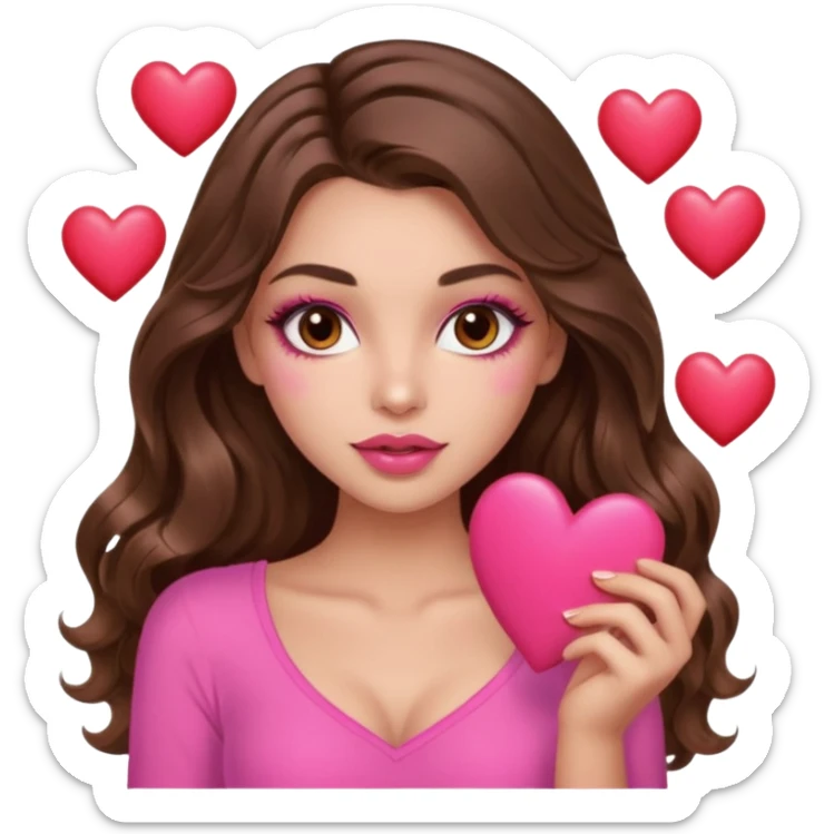girl with long wavy brown hair, brown eyes, long lashes makeup, sexy pink lips, light to medium complexion, wearing a pink sexy top, many  hearts in hand sticker