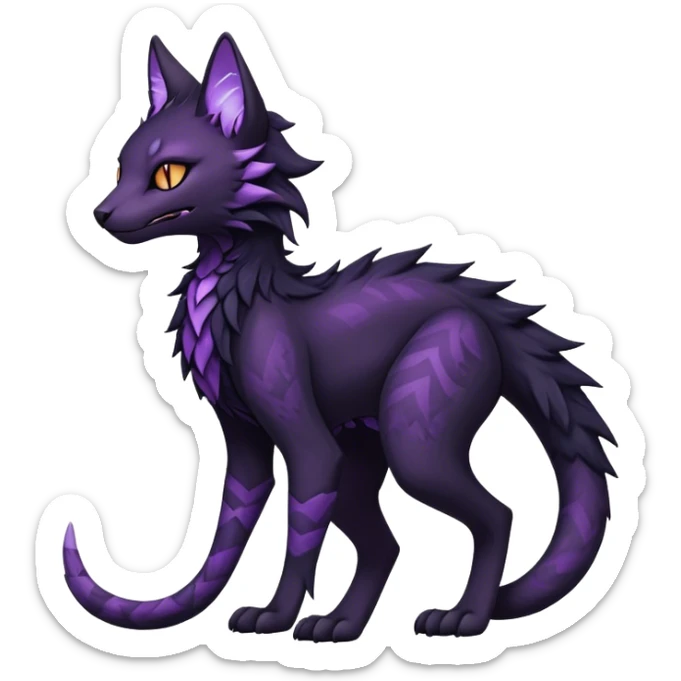 Kawaii dark black purplish blackish edgy fantasy ethereal feline-vernid-sergal-fursona animal creature with a tufted tail full body with intricate markings  sticker