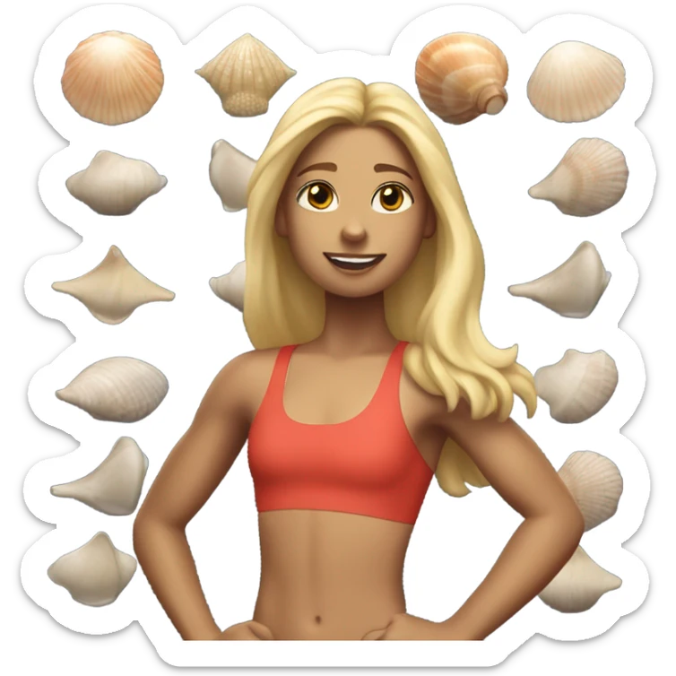 A girl with long blonde hair with wide shoulders wearing a Great Britain rowing swimming suit and has toned muscles and a sea shell necklace  sticker