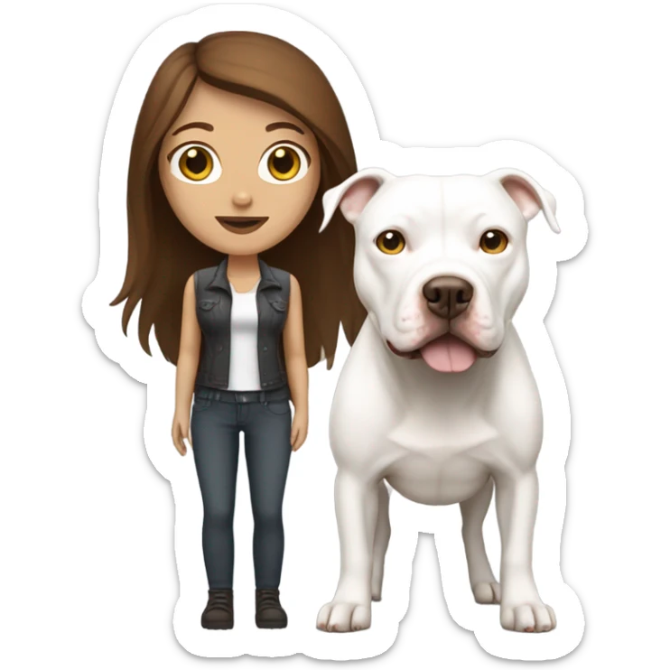 white woman with straight long brown hair standing alongside a white pitbull sticker