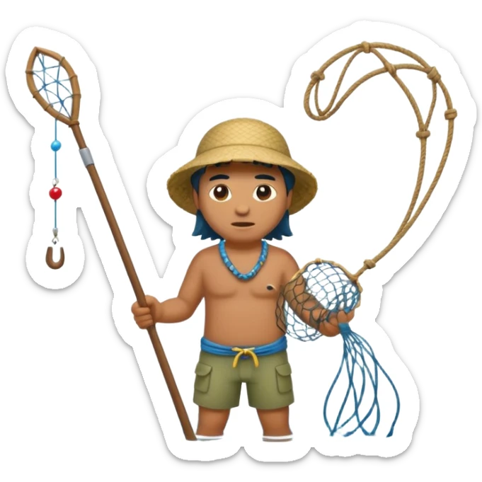 A Polynesian fisherman standing in the water fishing with a net sticker
