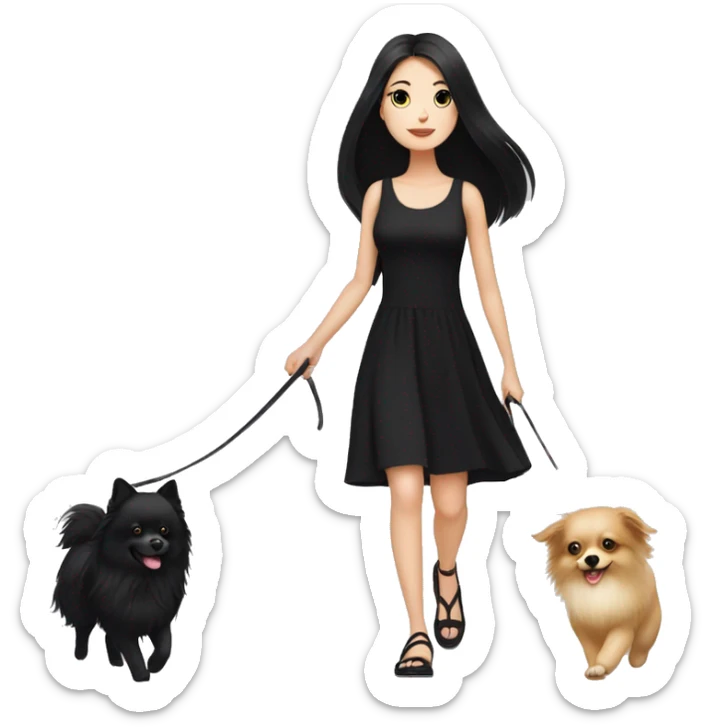pale girl with long black hair wearing black dress walking with pomeranian sticker