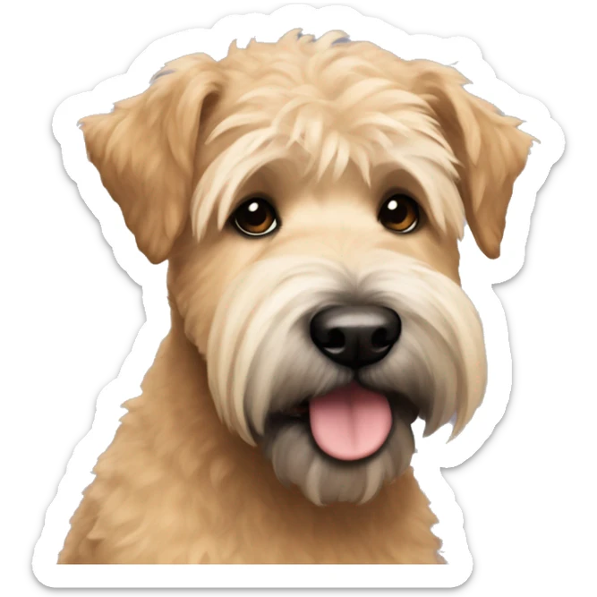 Wheaten terrier with a fluffy puppy haircut and black ears and chin sticker