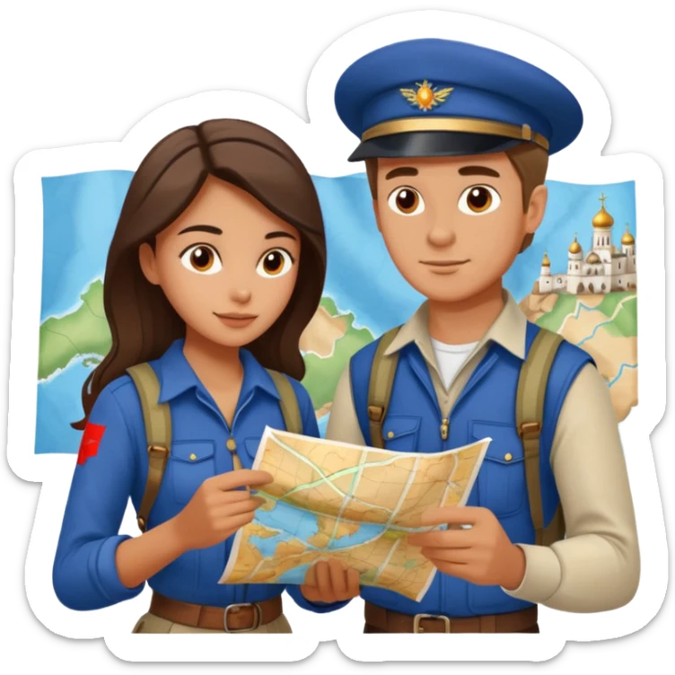 Russian man and elegant Spanish girl in adventure outfits with a map planning  sticker