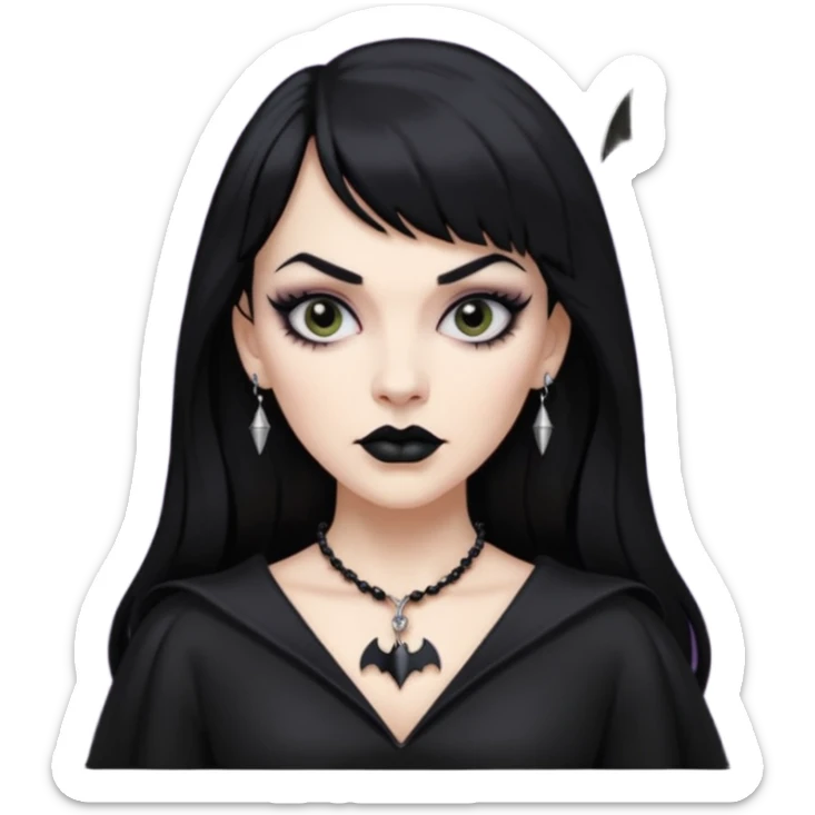 vampira mulher branca com cabelo preto longo com franja quadrada, sobrancelha grossa e lábios com batom preto com colar preto e pingente de morcego preto sticker