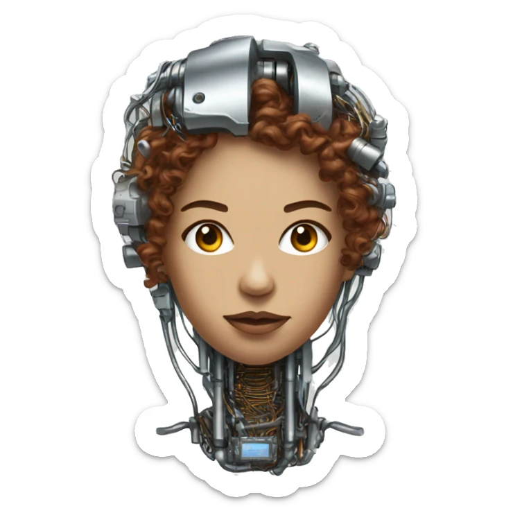 metal female cyborg head with brown curly hair and circuitry sticker