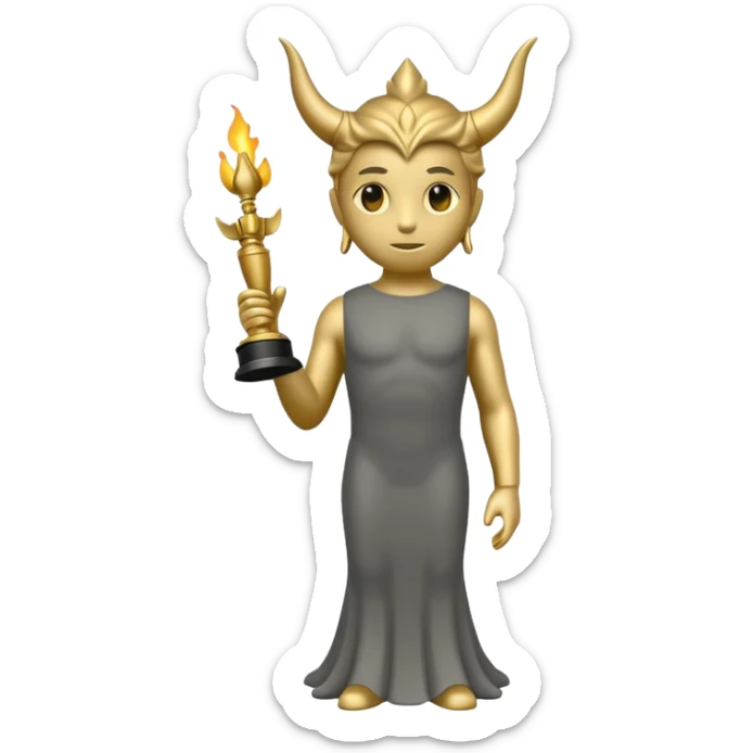 Minimalist emoji-style sticker of a full-body Oscar-like statue in matte gray-gold, with small horns  and faint flames at the base, all in black and muted hues sticker