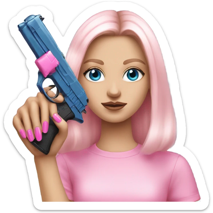 White Girl hand pink nails holding pink gun with blue eyes sticker