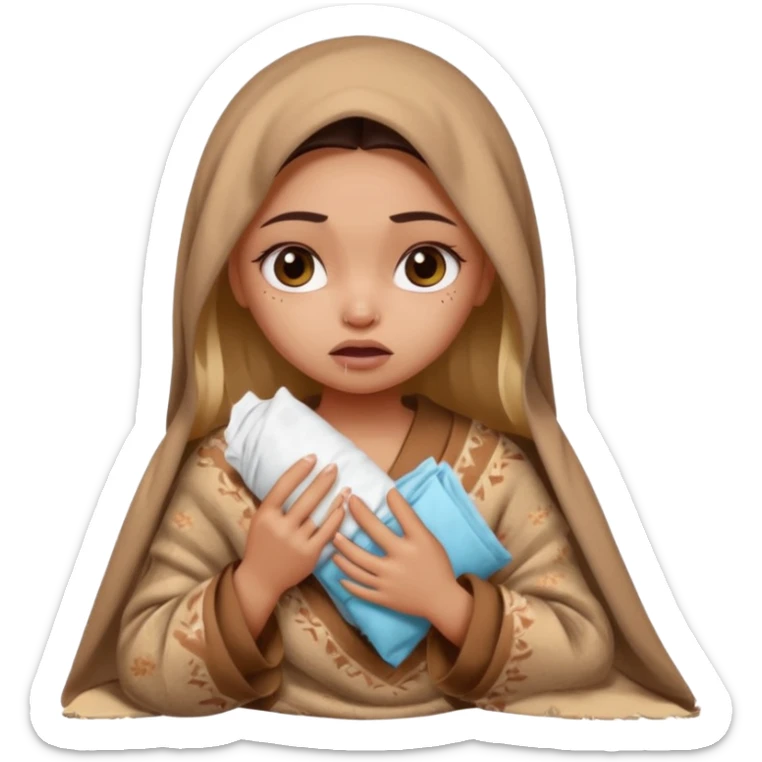 a pretty bratz fair indian girl wearing a brown pajamas and blnaket, dark circles, crying, holding tissues sticker