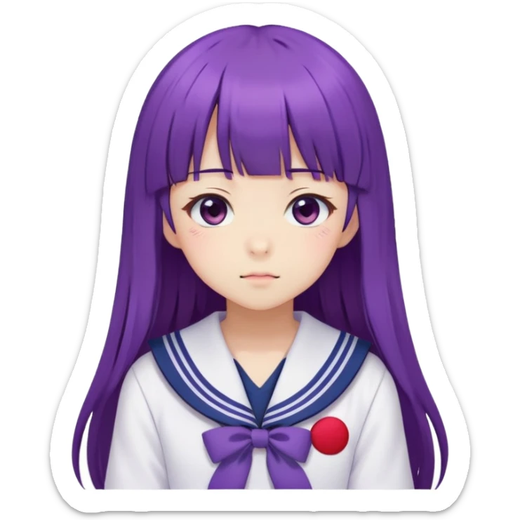 Shy anime girl with purple long hair and bangs wearing Japanese sailor style school uniform, blushing, kawaii style sticker