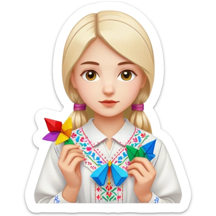 Ukrainian young girl in a white embroidered traditional shirt (vyshyvanka) holding colorful origami sticker