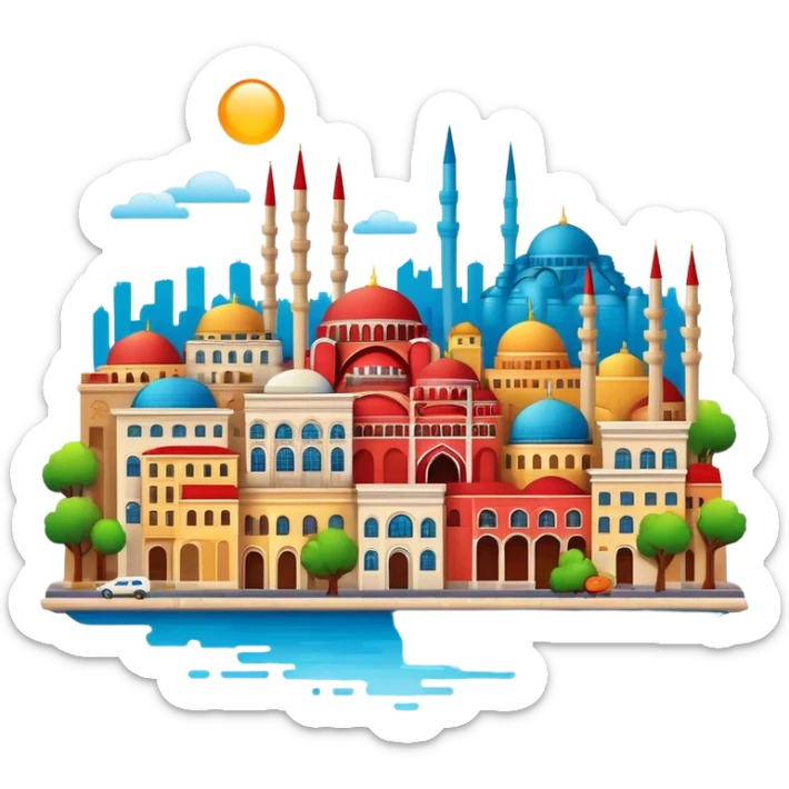 Cinematic Realistic Istanbul Pop Culture Emoji, depicted with a vibrant portrayal of the bustling cityscape rendered with lively textures and energetic, urban lighting. sticker