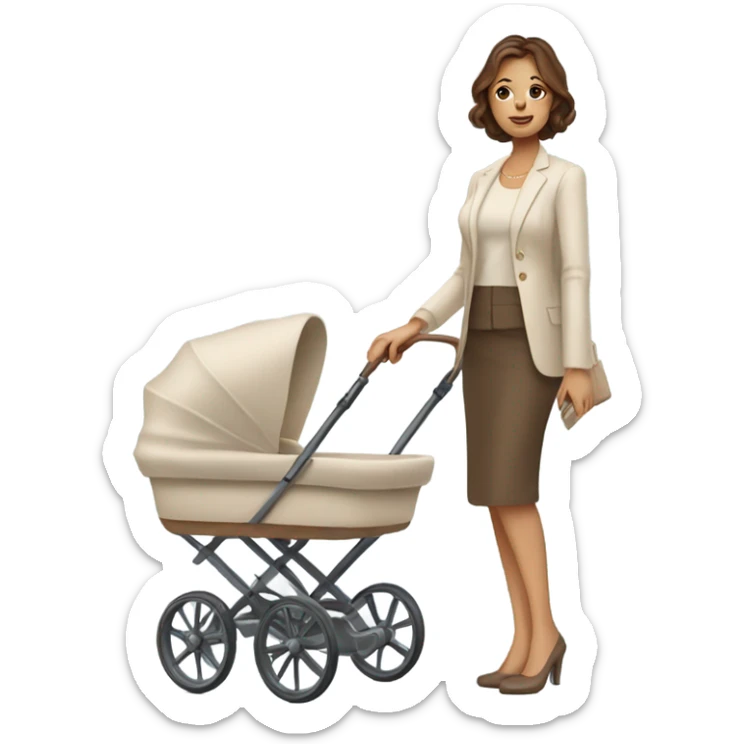 beautiful mother with brown hair. next to beige baby carriage sticker