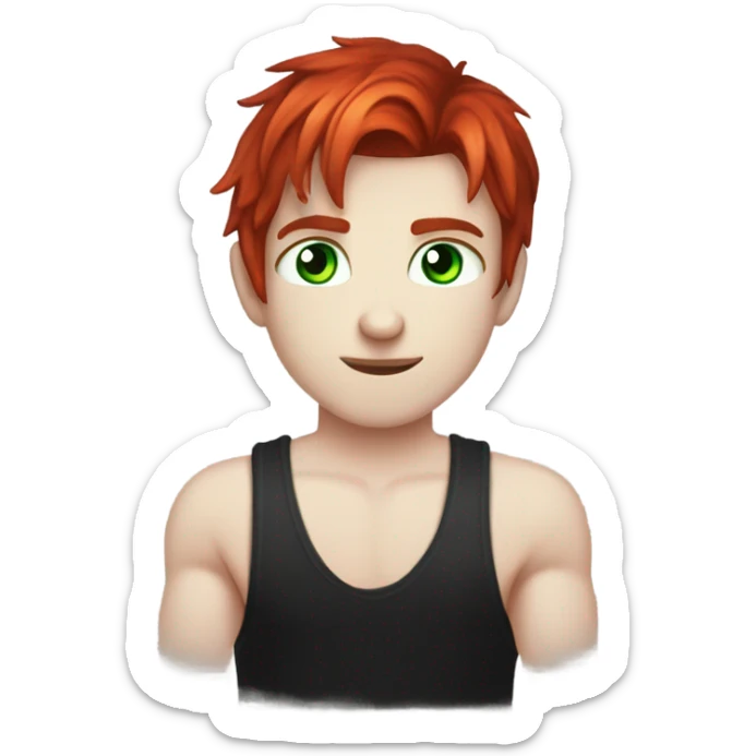 a boy with red hair in a mullet style cut, vampire like pale skin, green eyes, tattoos on his arms, a black tank top, lots of piercings  sticker