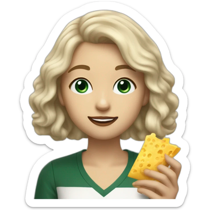 Slytherin girl with short wavy ash blonde bob hair and blue eyes eating chips and cheese sticker