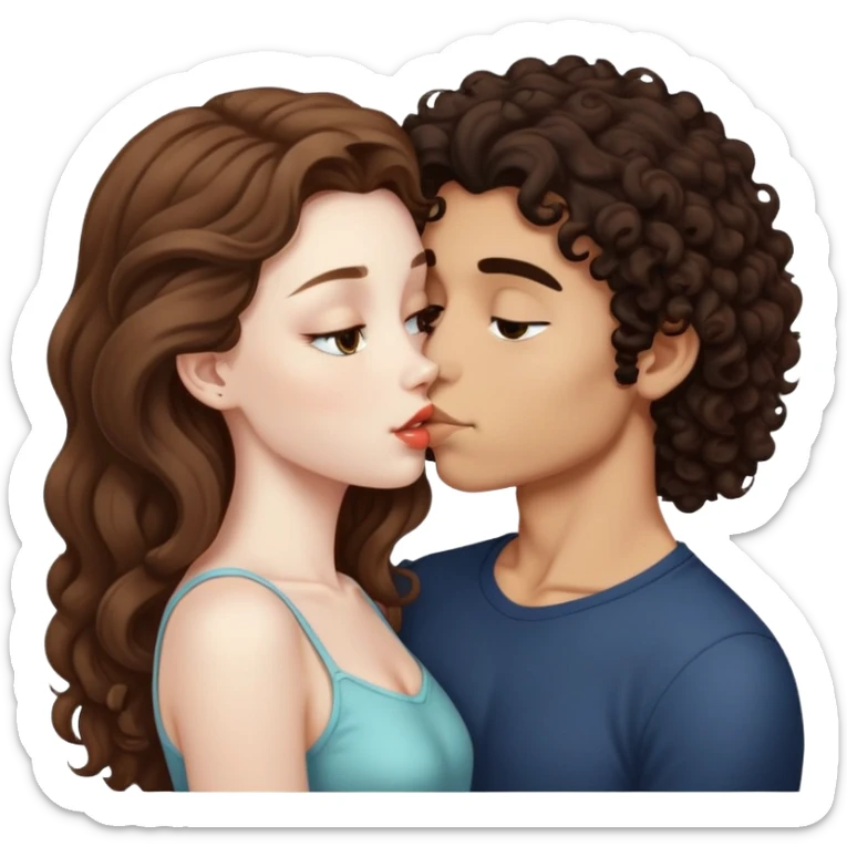 long light brown hair girl with pale skin and boy with dark curly hair and tanned skin kissing sticker