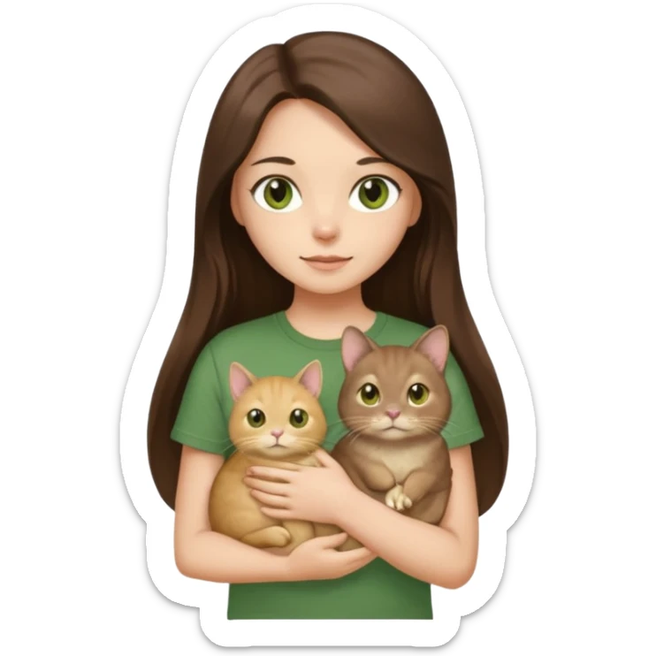 brunette girl with long hair and brown eyes in a brown T-shirt, holding a golden chinchilla cat in her arms, a cat with green eyes sticker