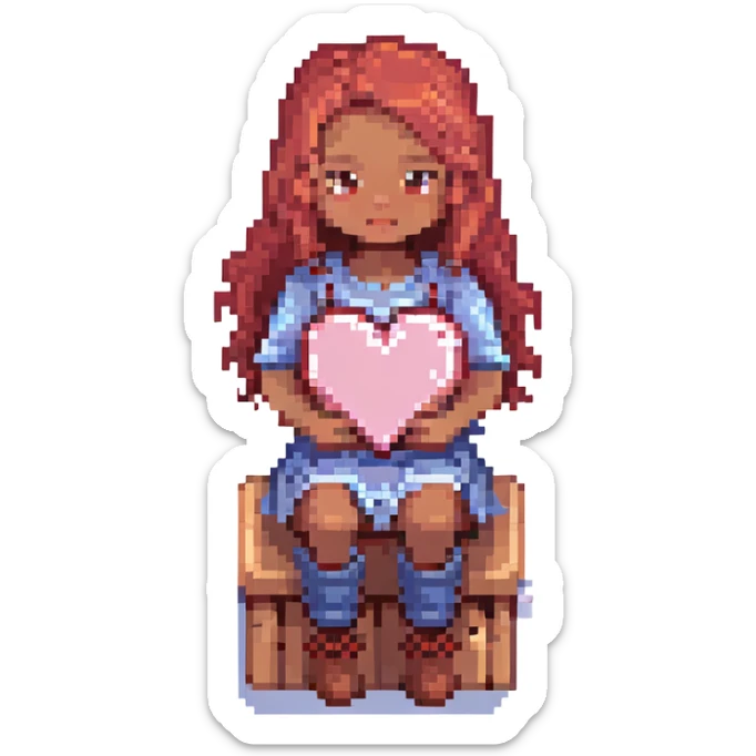 pixel art of a pink heart with a girl with red hair, brown eyes, brown skin sitting on top of the heart sticker