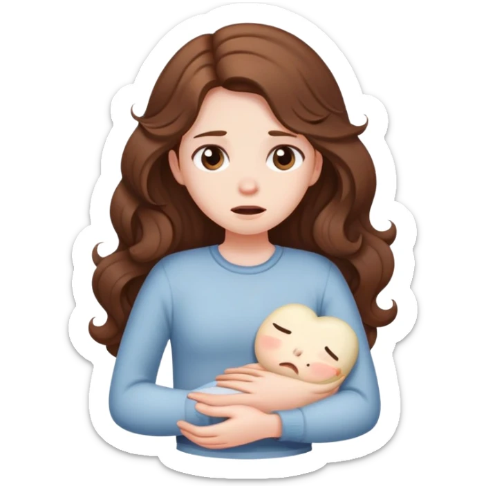 Girl with curled brown long length hair with stomach ache sticker