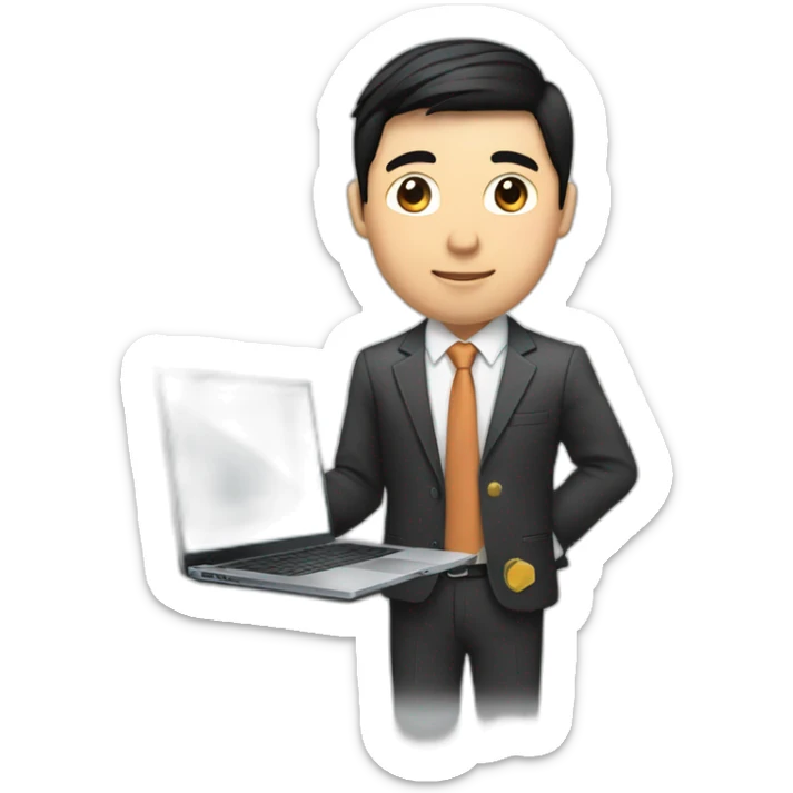 Male investment manager in professional clothes, black hair, asian, with a laptop in front of him  sticker