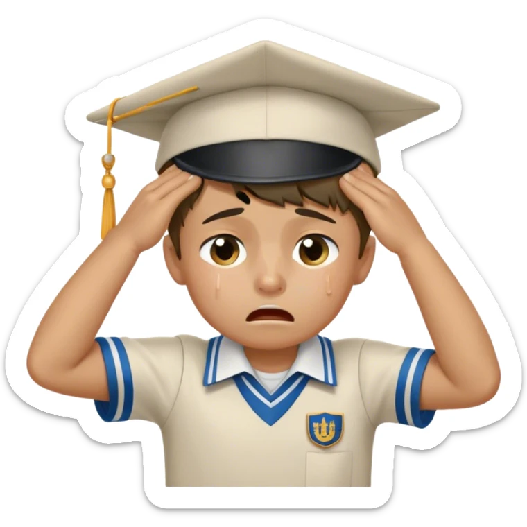 Create an emoji of a young boy student crying. He is wearing a university uniform, including a shirt and pants and hat. The boy is visibly upset, with tears streaming down his face, and he is wiping his eyes with his hand. The background should be simple to emphasize his emotional state, conveying the feeling of being overwhelmed with school stress or personal struggles sticker