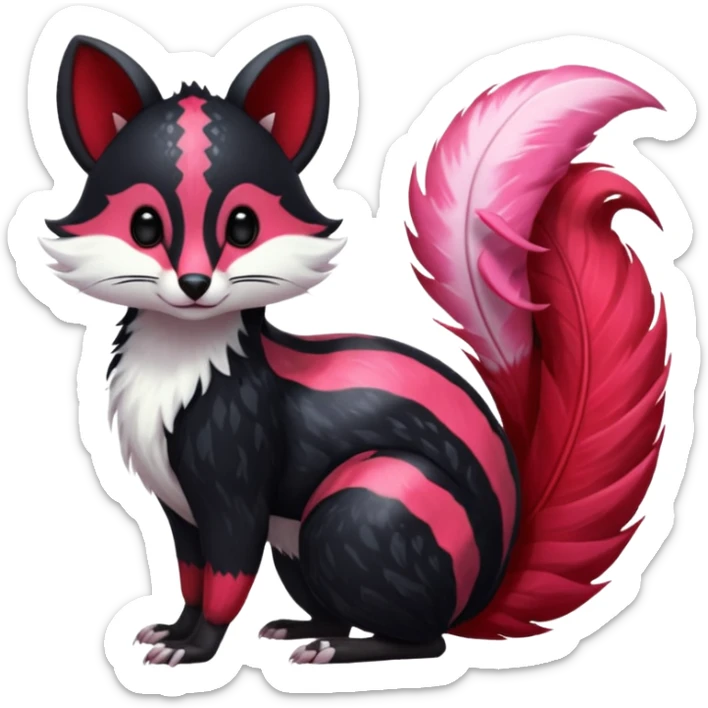 Feral Rare Fantasy shiny soft fuzzy furry vibrant tropical obsidian-black and crimson-red Vernid-Trico-species-creature by LiLaiRa, random markings, tufted tail, tufted ears, full body with markings with white skunk-tail-stripes sticker