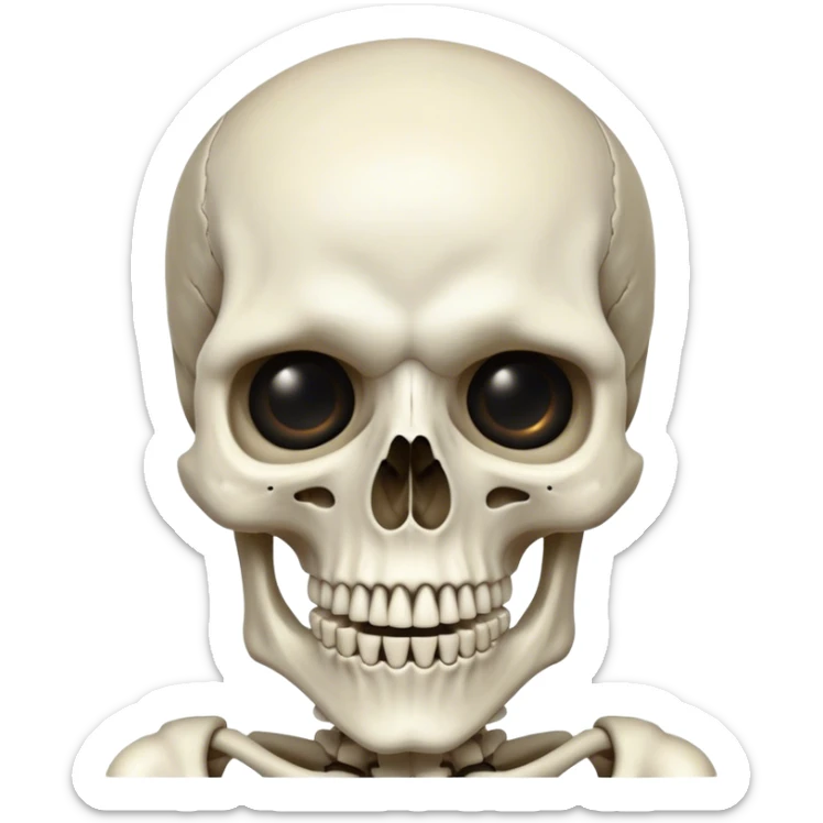 Cinematic 32k HD, Extremely detailed image of a terrifyingly creepy skeleton, each bone, eye, and tooth is shown in stunning detail as though captured in a timeless photograph, rich textures, visually rich, so lifelike that it feels like it could leap off the page at any moment sticker