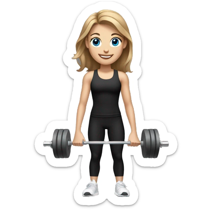 Gym girl lifting weights,light brown hair blue eyes, smiling wearing black gym leggings sticker