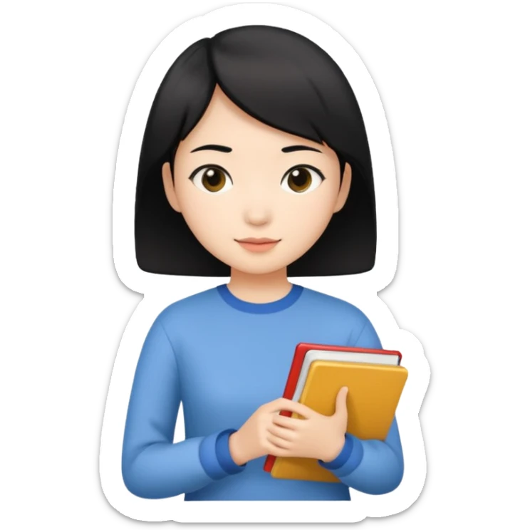 A young female guide with fair skin and short black hair from Asia, holding her guide in one hand sticker
